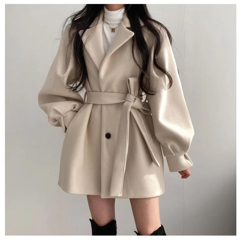 Description Picture 4 of itemMid Length Topcoat Blazer Collar Woolen Coat Women Belted Winter Jacket Niche Vintage Loose Fashion Overcoat Solid Trench Coats