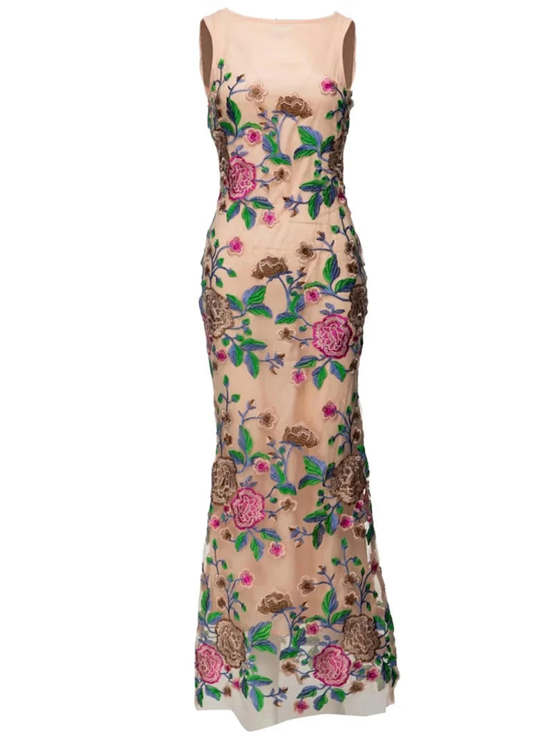 Description Picture 6 of itemFashion Designer Spring Summer Women Long Mesh Dress O-Neck Sleeveless Flowers Embroidery Vintage Party Slim Dresses