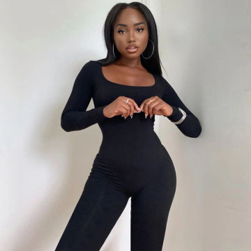 Deep Neck Long Sleeve Jumpsuit Skinny Black Stretchy Bodycon Jumpsuits Autumn Winter Women Fashion Streetwear Outfits Romp