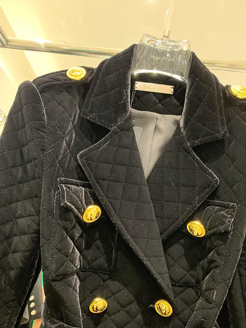 Description Picture 5 of itemHIGH STREET Newest Fashion 2023 Designer Overcoat Women's Double Breasted Plaid Belted  Velvet  Long Coat