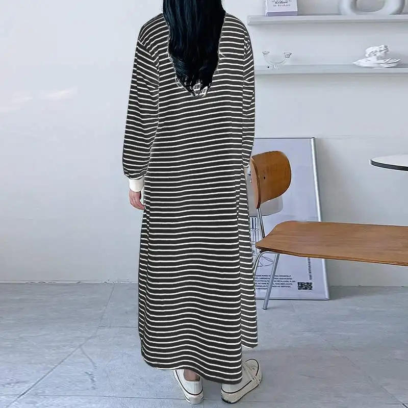 Description Picture 5 of itemZNAZEA Fashion Long Sleeve Sundress Casual Stripe Printed Dress Woman O-Neck, Dresses Female Elegant Street Maxi Robe Oversized