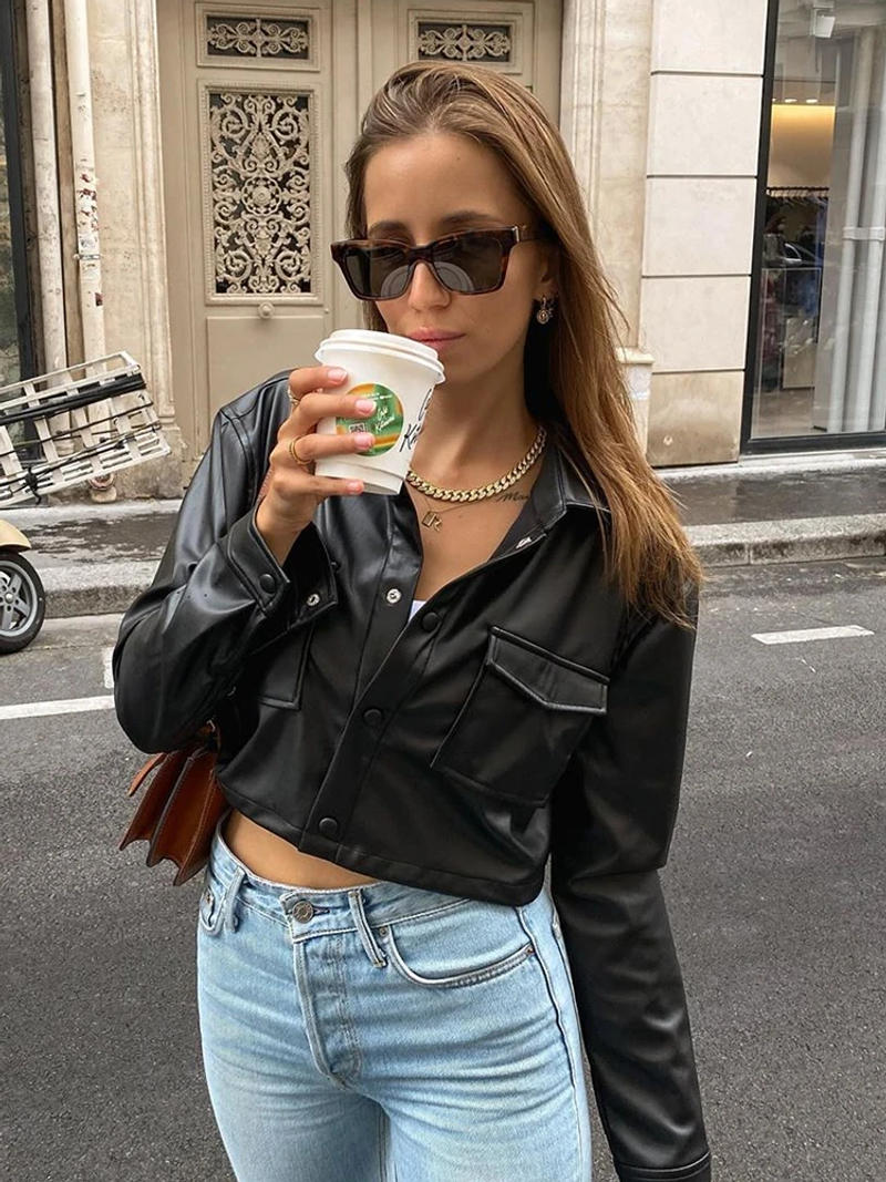 Description Picture 6 of itemWomen Crop Tops Leather Jacket Solid Color Black/White Long Sleeve Button Open Front Lapel Coat with Pockets 2021 Streetwear