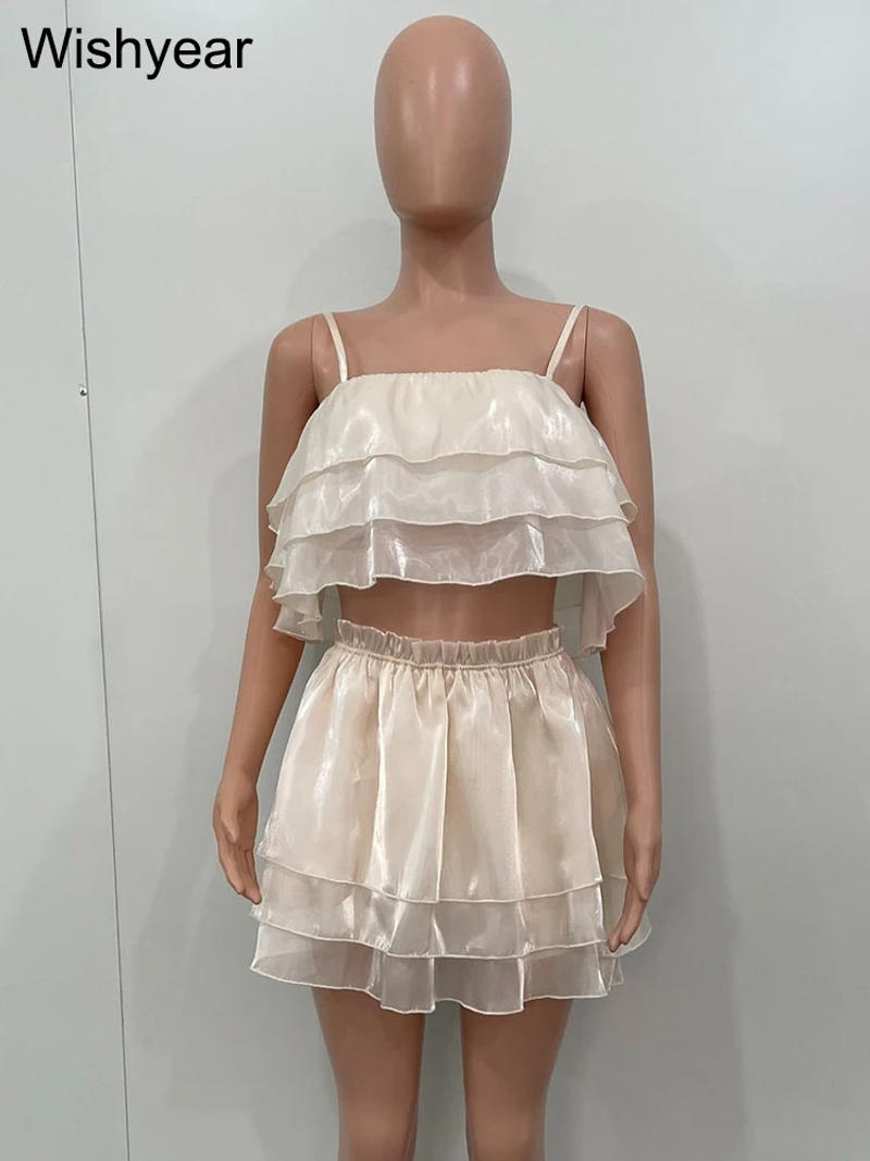 Description Picture 4 of itemWishyear Tulle Layered Crop Top Shorts Skirts Party Festival Ruffle Two Piece Summer Outfits for Women New In Matching Sets 2023
