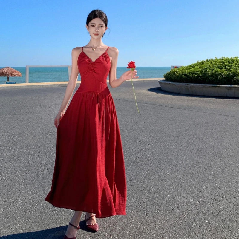 Description Picture 2 of itemRed Elegant V-neck Backless Sexy Birthday Party Bandage Dress Summer Holiday Club Sleeveless Slim Pleated Slip Dresses Women New