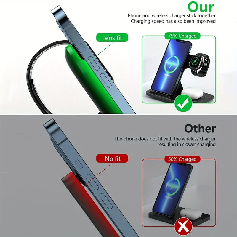 Description Picture 5 of itemFoldable 3 In 1 Wireless Charger Stand Pad For iPhone 15 14 13 12 11 XR Apple Watch 8 7 6 Airpods Pro Fast Charging Dock Station