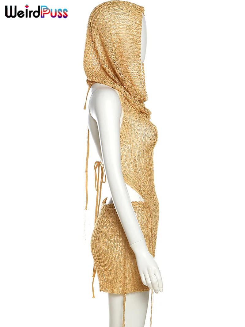 Description Picture 4 of itemWeird Puss Sexy Sequins Women 2Piece Set Summer Hipster Hooded Bandage Backless Hollow Tank Tops+Shorts Vacation Club Outfits