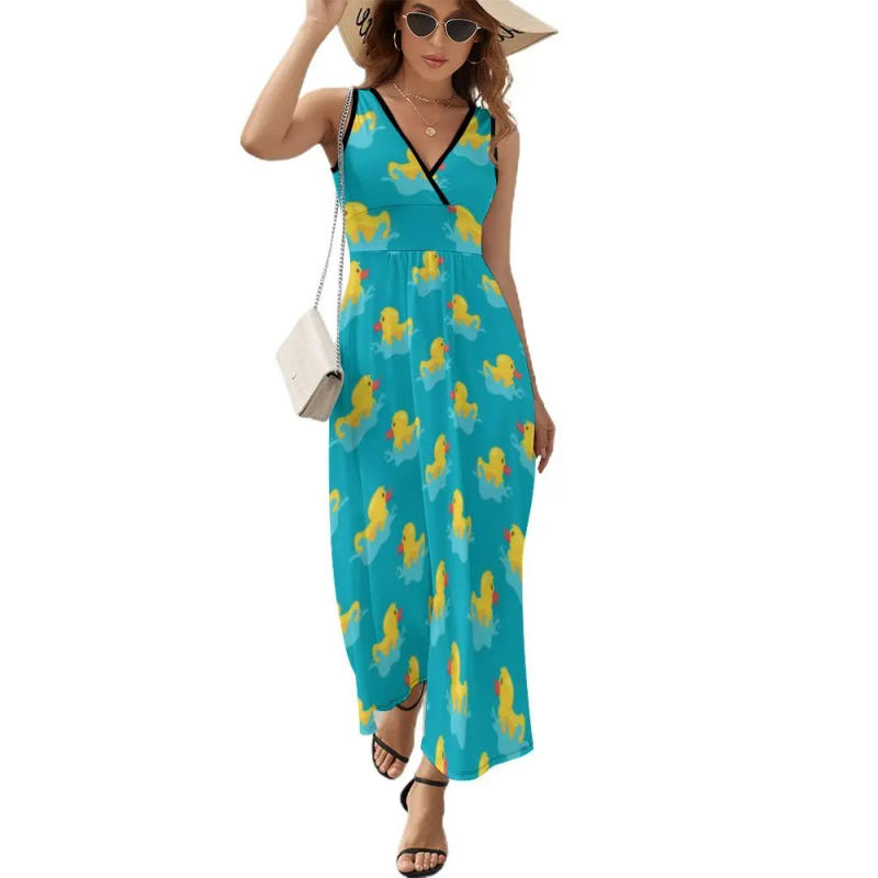 Description Picture 2 of itemCute Yellow Rubber Ducks Swim in Pond Pattern Dress FemaleNight Club Maxi Dress V Neck High Waist Casual Custom Boho Beach Long