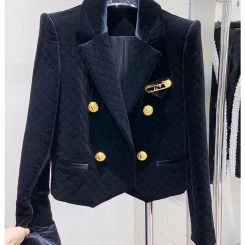 HIGH STREET Newest 2023 Fall Winter Designer Jacket Women's Brooch Embellished Lion Buttons Grid Velvet Blazer