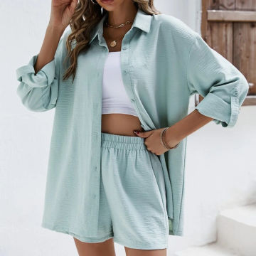 Summer Cotton Linen Outfits High Waist Shirt Shorts Women Turn Down Collar Long Sleeve Shirts Shorts Suits Casual Two Piece Sets