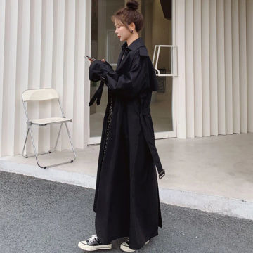 Lautaro Spring Autumn Extra Long Flowy Oversized Casual Trench Coat for Women Belt Double Breasted Loose Korean Fashion 2022