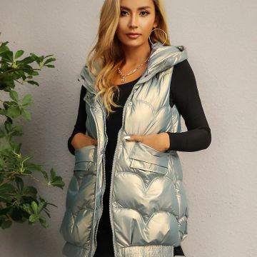 2023 Fashion Autumn And Winter Sleeveless Patent Hooded Front Zipper  Button Details Solid Puffer Coat Outdoor Warm Clothing