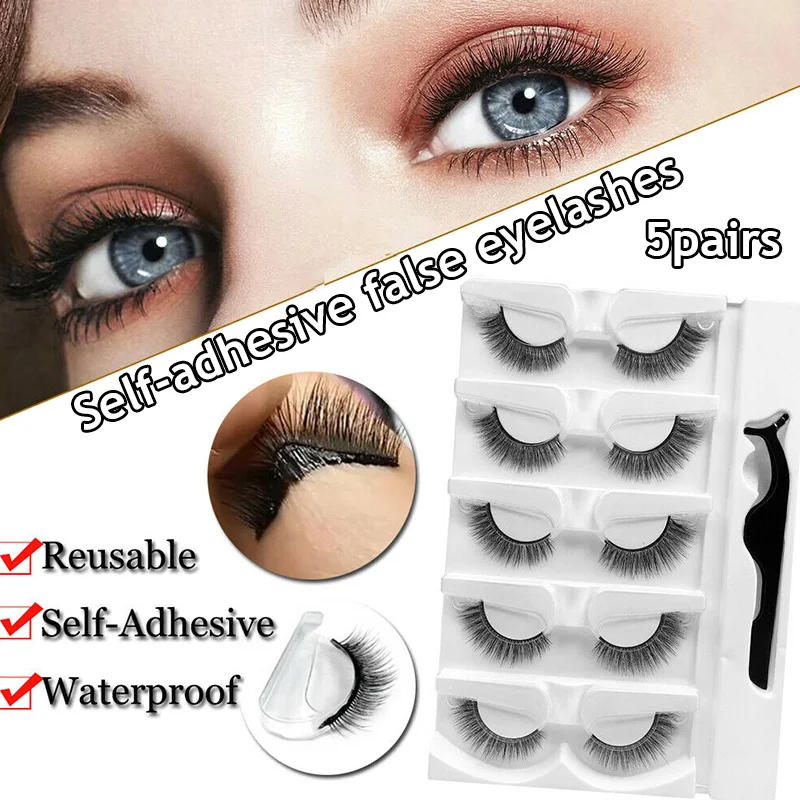 Description Picture 2 of item5 Pairs 3D False Eyelashes Glue-Free Fake Eyelashes Reusable Lashes Extension Self-adhesive Artificial Eyelashes Eye Makeup
