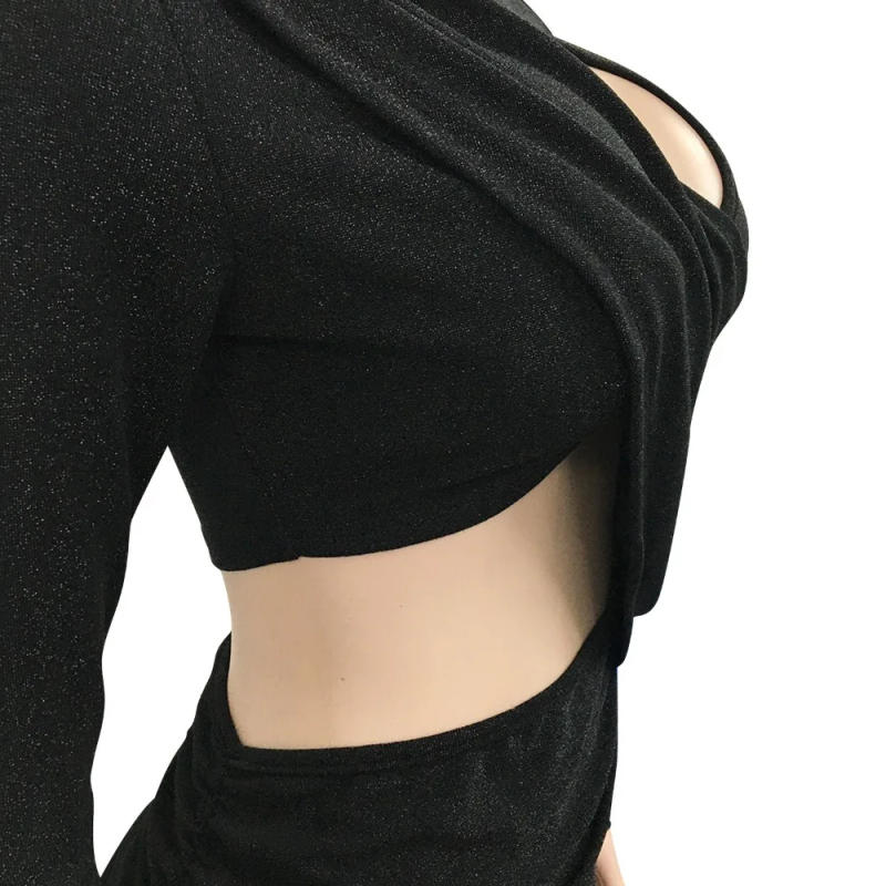 Description Picture 6 of itemHLJ Fashion Hollow Out Side Slit Bodycon Dresses Women Round Neck Long Sleeve Irregular Vestidos Female Solid Party Club Clothes