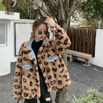 Zoki Streetwear Retro Leopard Double Sided Jacket Women Korean Faux Lamb Warm Denim Coat Winter Thick Long Sleeve Design Jacket