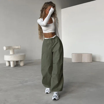 High waist drawstring straight tube simple Cargo pants ins European and American summer trend versatile casual pants