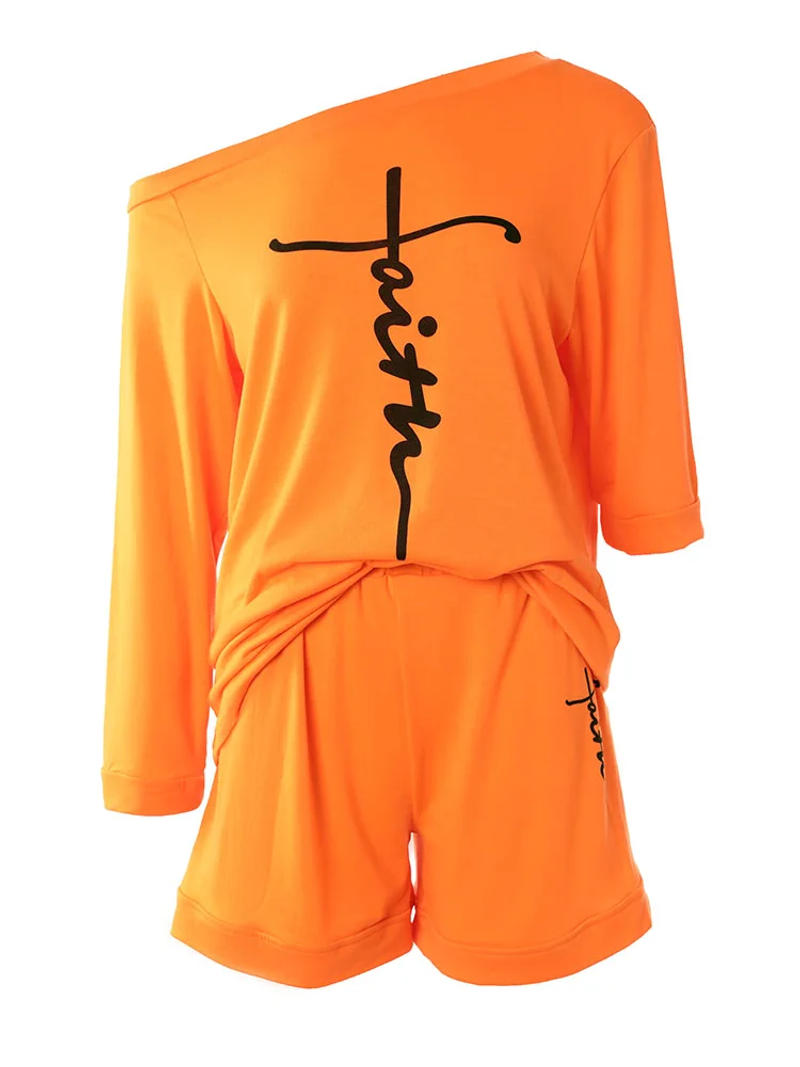 Description Picture 5 of itemWomen Loose Printing Suit Women 2-Piece Suit Summer Long Sleeve Off-Shoulder Slash Neck T-shirt Mid Waist Straight Shorts Suit