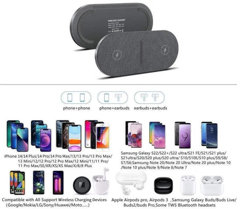 Description Picture 3 of item40W 2 in 1 Wireless Charger for Samsung S22 S21 Dual Seat Fast Charging Pad for iPhone 14 13 12 11 Pro Max XR X 8 Airpods Pro
