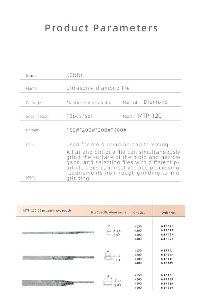 Description Picture 4 of item12pcs 150# 200# 300# 400# Ultrasonic Diamond Flat File MTP-120 For Rough Grinding Fine Polishing Mold Pneumatic Polishing Tool