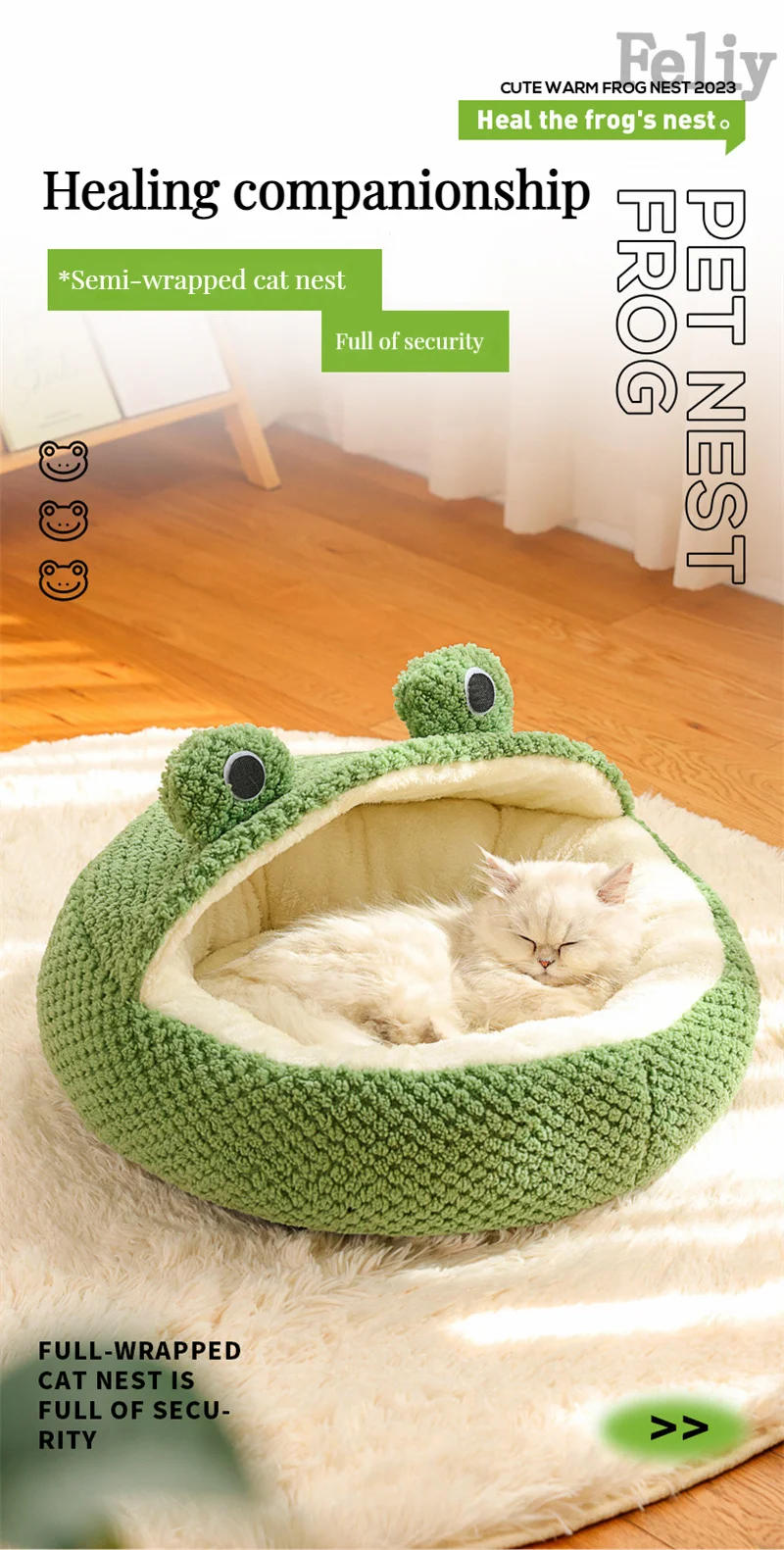 Description Picture 5 of item2023 Boutique Cartoon Frog Series Pet Nest Plush Round Cat Litters Warm Dog House Comfort Puppy Sleeping Bed Kitty Soft Cushion