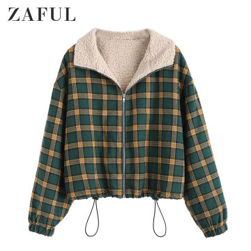 ZAFUL Zip Up Fleece Lined Plaid Houndstooth Jacket Women Drawstring Coat Winter Warm Outwear