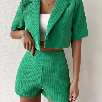CHYXSB 2022 Casual Holiday New Fashion Pure Color Short Sleeve Lapel Short Top Elastic Short Pants Lady Two Piece Sets