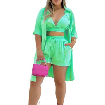 3pcs Summer Shorts Set Women Outfits Pure Color Camisole Crop Top Shirts Coat Shorts 3 Piece Set Women Tracksuits шорты женский