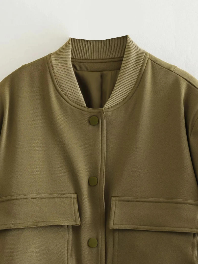 Description Picture 4 of itemTRAFZA 2023 Women Solid Vintage Crop Slim Jacket With Pockets O Neck Long Sleeve Button Coats Lady Streetwear Chic Tops Woman