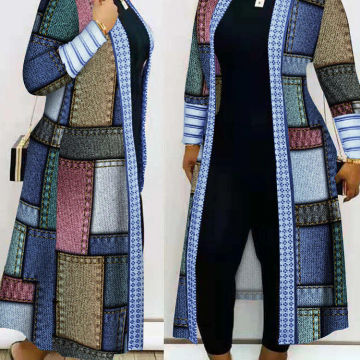 Plus Size Denim Look Print Open Front Longline Coat,Color Irregular Patchwork Print Design,Casual, New Autumn Winter 2023