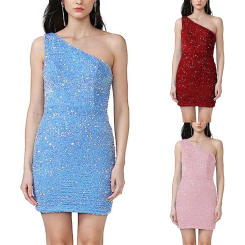 Sexy One Shoulder Sequin Dress Women Elegant Cocktail Evening Party Dresses Vestidos Ladies Glitter Sparkly Sequined Dress Robes