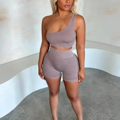 CM.YAYA Fashion Yoga Women Two 2 Piece Set Outfit Sleeveless One Shoulder Crop Top and Legging Shorts Suit 2023 Summer Tracksuit