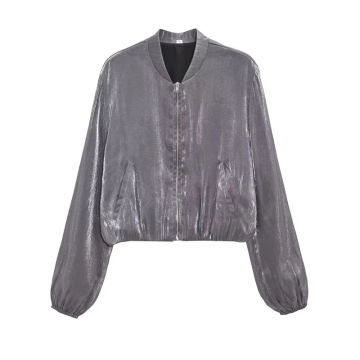 KEYANKETIAN Autumn New Women's Dark Grey Metallic Shiny Silk Bomber Jacket Vintage Zip-up Loose Thin Jaqueta Feminina Crop Top