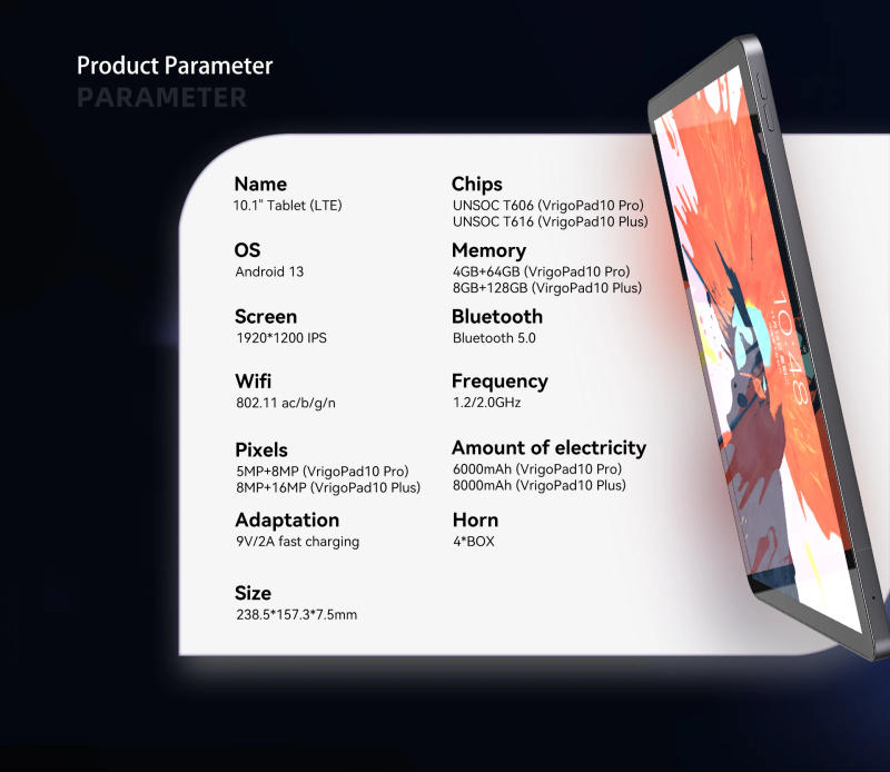 Description Picture 3 of itemAdreamer VirgoPad10X Tablet 10.1 Inch Android 13 8GB RAM 128GB ROM 1200*1920 Display 8000 mAh Battery T616 Mental 4G Tablet PC