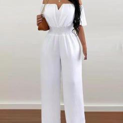 Jumpsuits for Women 2023 Spring Fashion Off Shoulder Casual Plain Short Sleeve Shirred Waist Daily Long Wide Leg Jumpsuit 2024