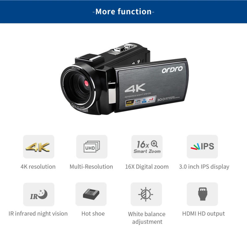 Description Picture 3 of itemCamcorders Video Camera 4K Professional for Blogger, Ordro AE8 IR Night Vision WiFi Filmadora Full HD Digital Cameras YouTuber