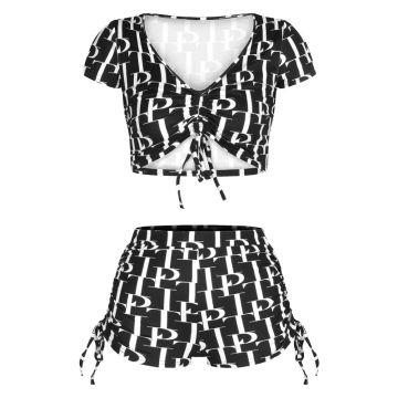 2021 New Summer Woman Clothing Short Sleeve V-neck Print Crop Tops Shorts Pant Bottom 2PCS Short Sets High Street Clothes