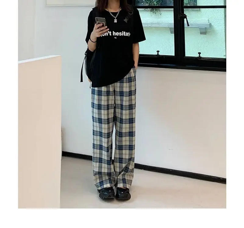 Description Picture 5 of itemVintage Classic Plaid Print Y2K Harajuku Straight Trousers Women Summer Korean Casual High Waist Streetwear Loose Pants Clothing