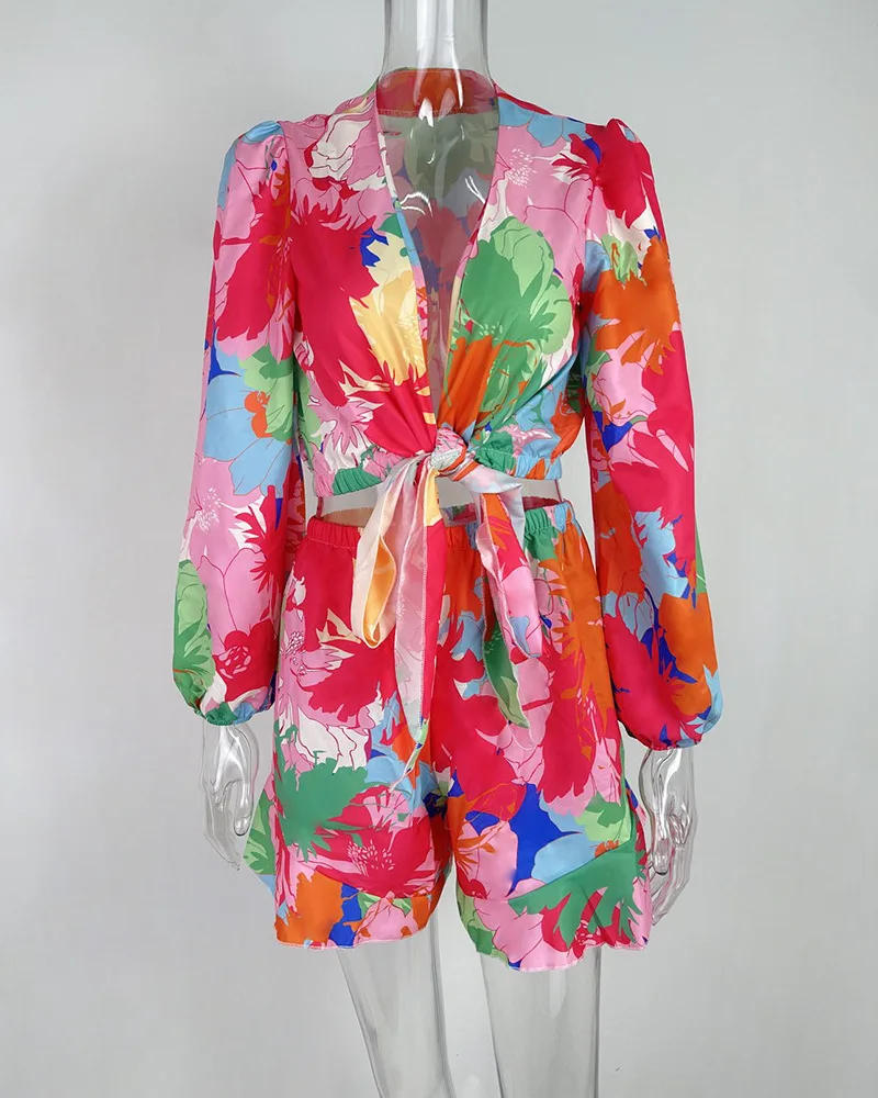 Description Picture 5 of itemColor Printed Two Piece Set Women Long Sleeve Leace-up Deep V-neck Tops Shorts Sets 2023 Summer New Casual Beach Party Bohemian