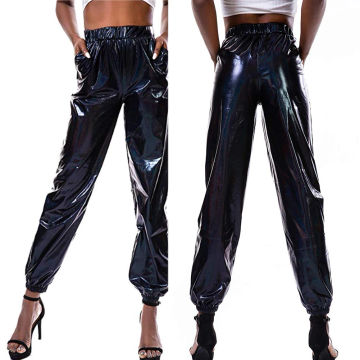 Women's Pant High Waist Metallic Shiny Jogger Casual Holographic Color Streetwear Trousers Women Fashion Smooth Reflective Pants