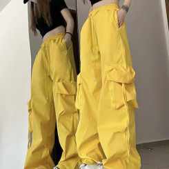 Zoki Cargo Pant Women y2k Streetwear Hip Hop Loose Casual Trousers American High Waist Big Pockets Lace Up Fashion Lady Pants