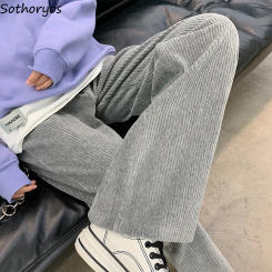 Corduroy Casual Pants Women Basic Solid High Waist Wide Leg Fall Winter Thermal Trousers Female Chic Tender Students Streetwear