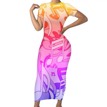 Lively Music Notes Dress Short Sleeve Ombre Print Street Wear Maxi Dresses Kawaii Bodycon Dress Female Graphic Oversized Clothes