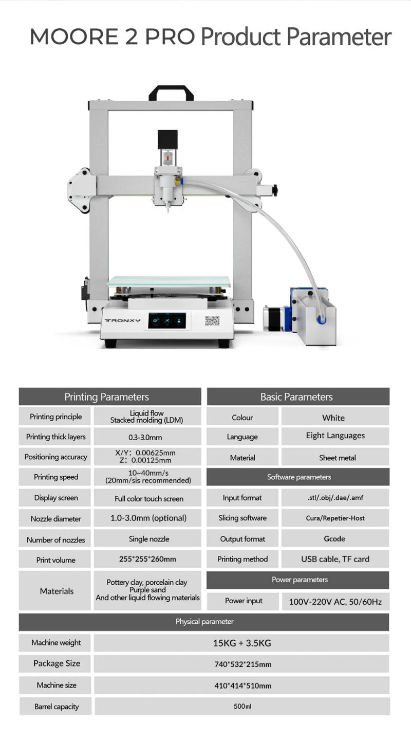 Description Picture 5 of itemTronxy New Arrival Moore 2 Pro 3d Printer Ceramic&Clay mute motherboard,255mm*255mm*260mm with Feeding system electric putter