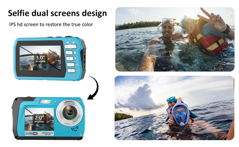 Description Picture 3 of item4K Underwater Digital Camera Video Recorder 56mp Anti Shake Selfie IPS Dual Screens 10FT Waterproof For Snorkeling Swimming
