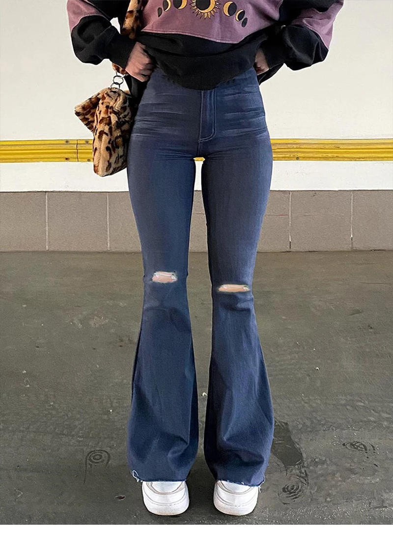 Description Picture 2 of itemWomen Flared Jeans Pants Girl High Waist Hole Trumpet Denim Trousers Slim Y2k Clothing Casual Wide Leg Long Pants Streetwear New