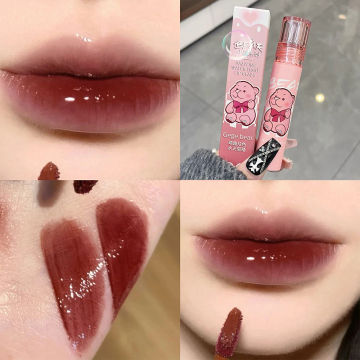 Cute Bear Mirror Water Lip Glaze Moisturizing Sexy Red Lip Tint Lipstick Makeup lasting Color Non-stick Cup Lip Gloss Cosmetics