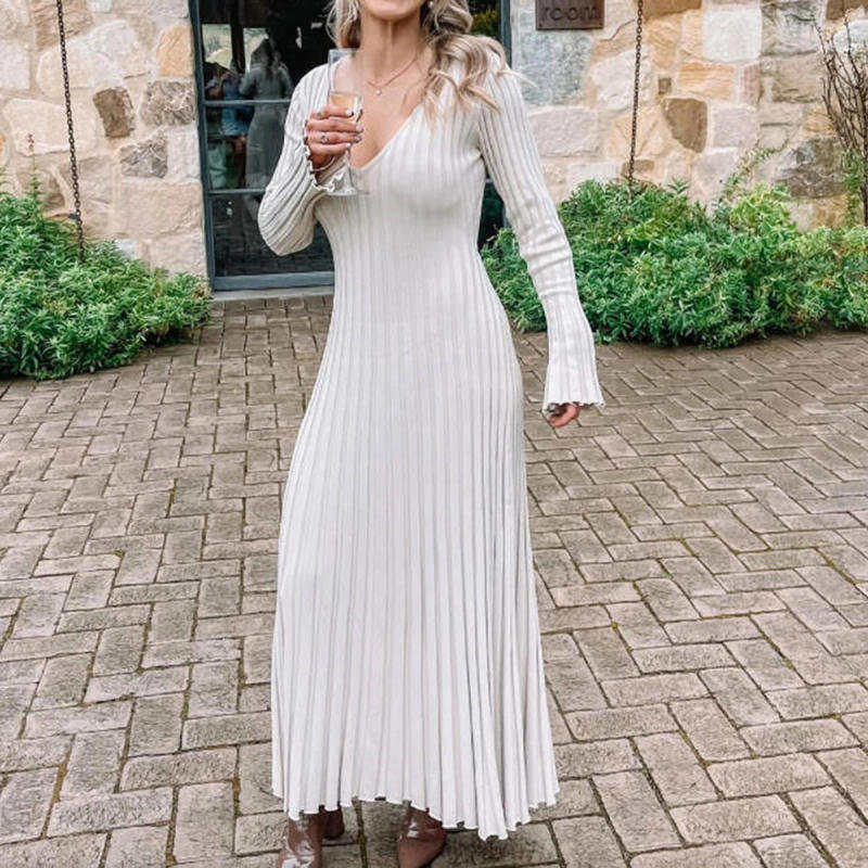 Description Picture 5 of itemWomen Knitted Long Dress Casual Solid Color Ribbed Long Sleeve Pleated Dresses Elegant Lace Up Bodycon Vestidos A-line Maxi Robe