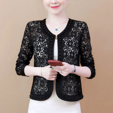 Women Summer Jacket Long Sleeve Black White color Hollow-out Lace Jacket Women Fashion Cardigan Clothing WY1016