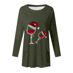 Women Dress Cute Christmas Wine Glass Print Loose Top Casual Double Side Pocket Top