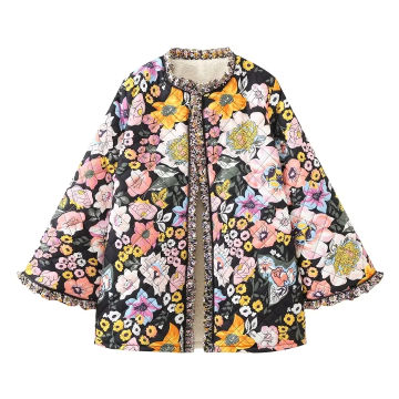 TRAF Quilted Jacket Woman Autumn Winter Flower Printed Vintage Demi-season Jacket for Women Coats Tweed Warm New in Outerwear