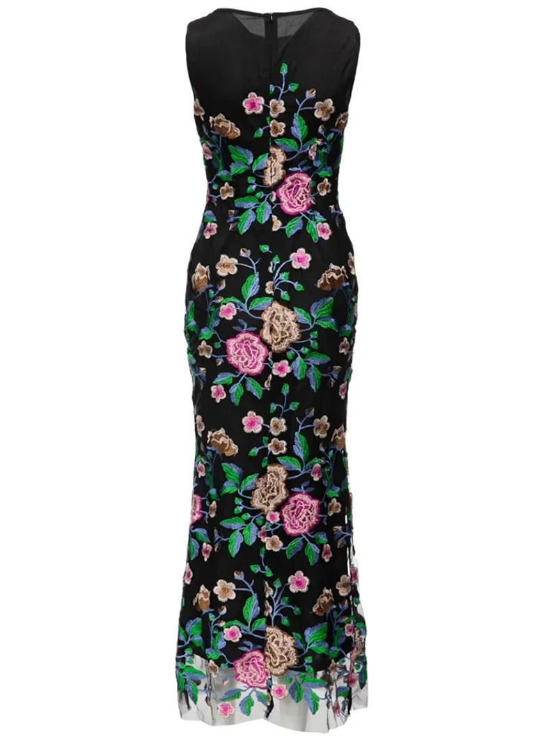 Description Picture 3 of itemFashion Designer Spring Summer Women Long Mesh Dress O-Neck Sleeveless Flowers Embroidery Vintage Party Slim Dresses